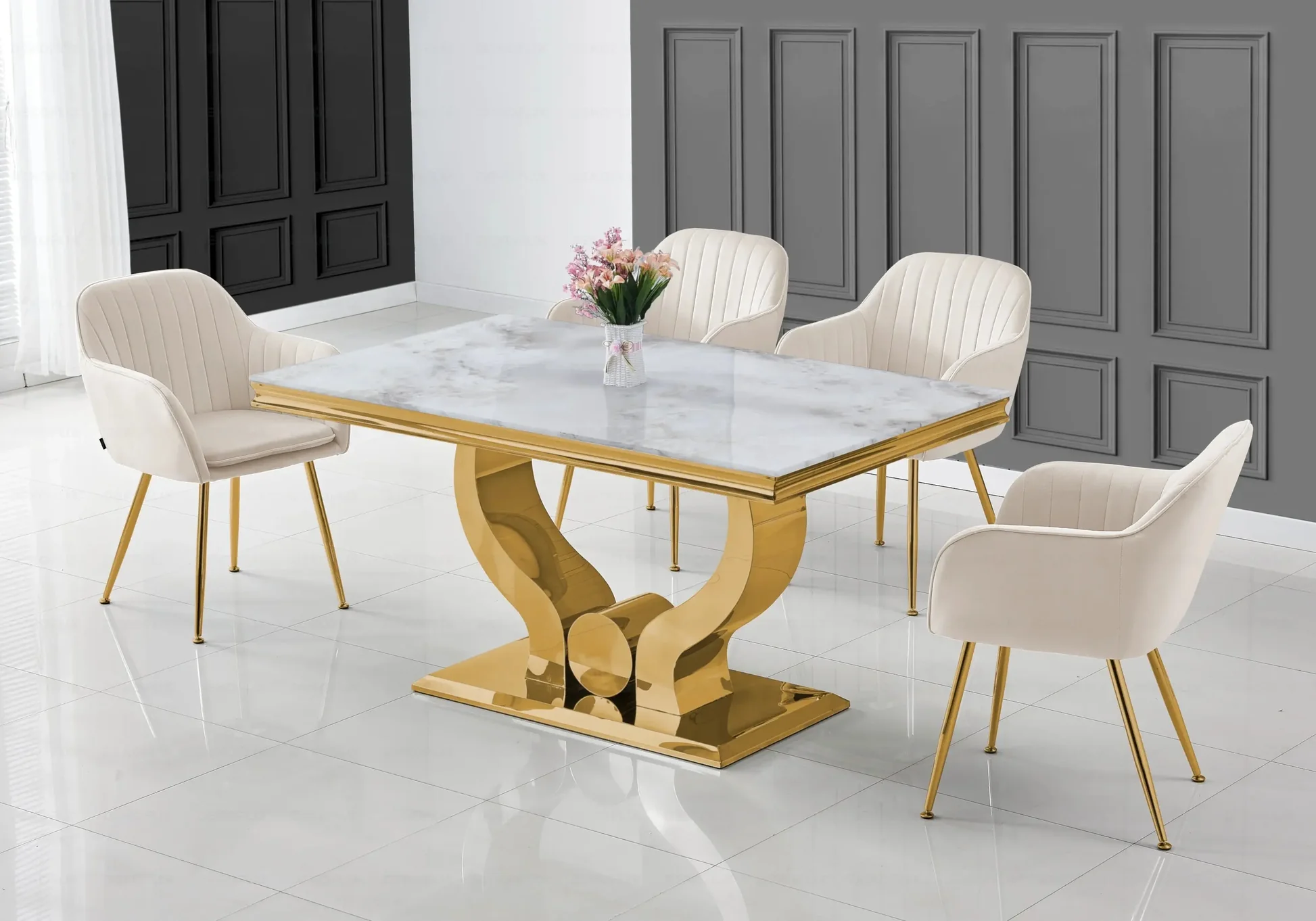 Magasin D ameublement Home24 -Wenko Soldes Ensemble table marbre beige et chaises beige dore NEA New Design 305296437